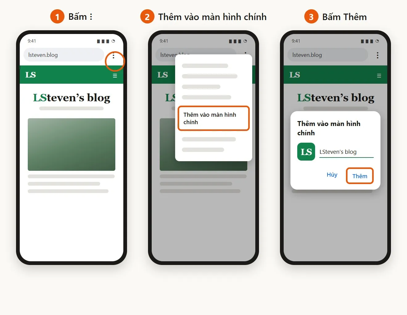 Hình minh họa ba bước trên Chrome: bấm nút ba chấm, chọn Thêm vào màn hình chính, bấm Thêm