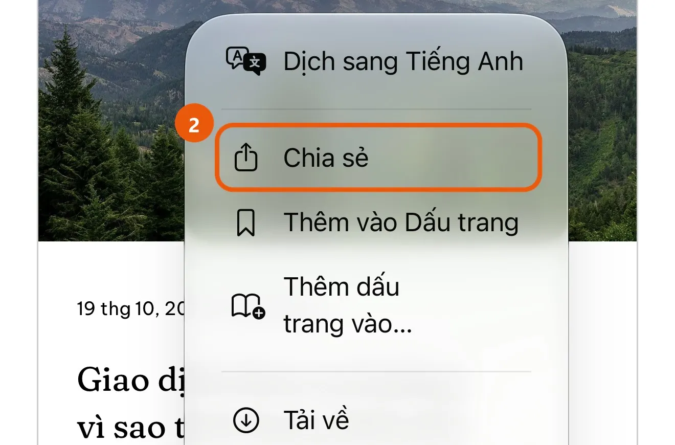 Menu của Safari, dòng Chia sẻ được khoanh lại
