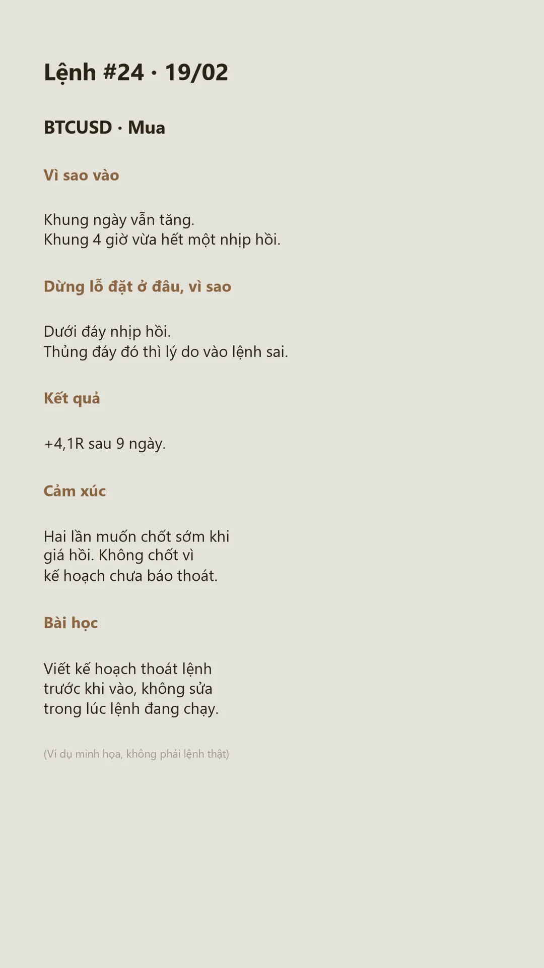 Một trang nhật ký trên điện thoại: lệnh số 24, lý do vào, dừng lỗ, kết quả, cảm xúc, bài học